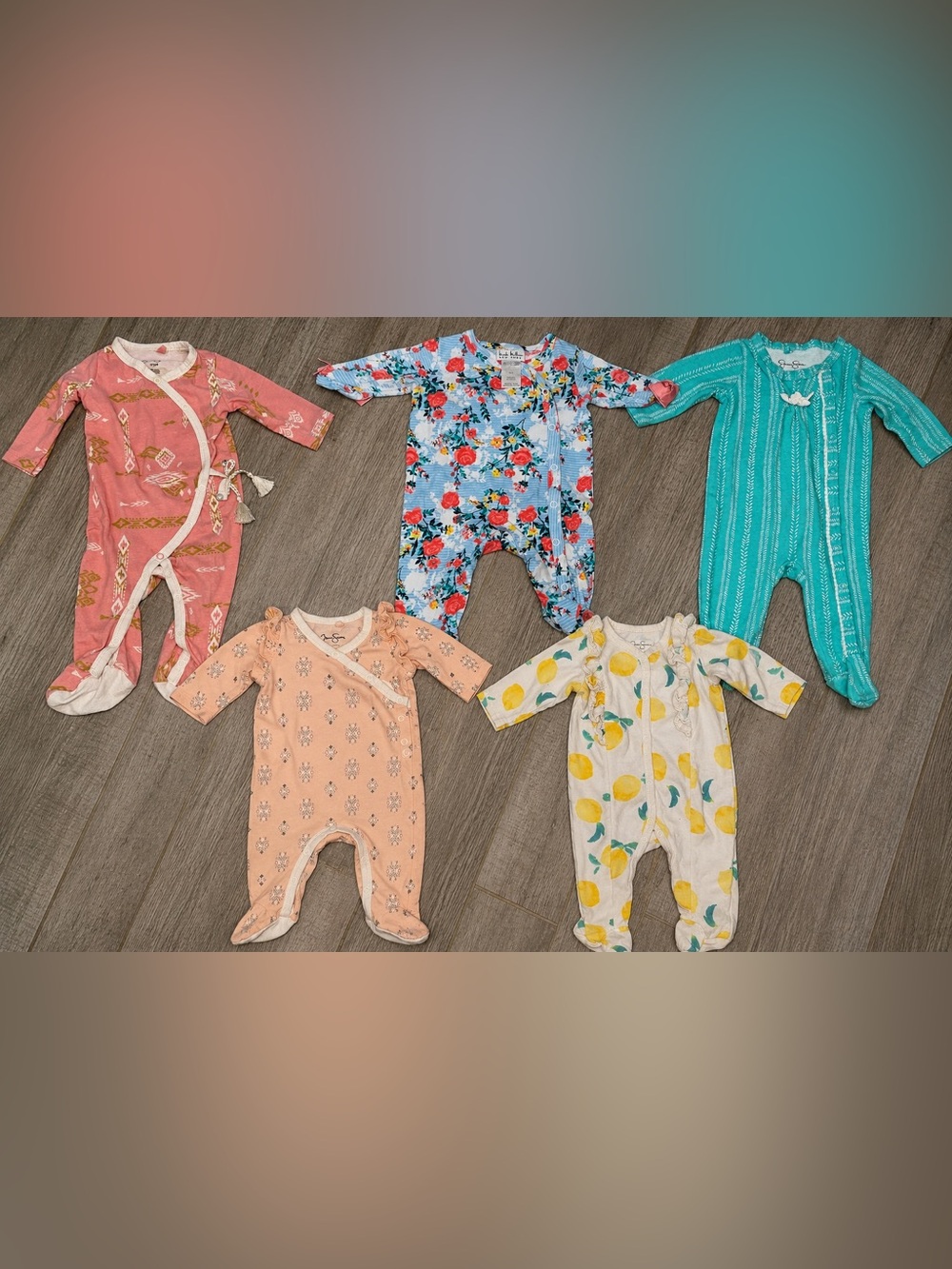 0-3 month baby girl footed pajamas bundle (4 Jessica Simpson/ 1 Nicole Miller)